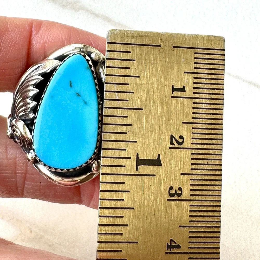Navajo Turquoise Mens Ring Sz 12 Leaf Feather Signed Morgan Sterling Native Amer